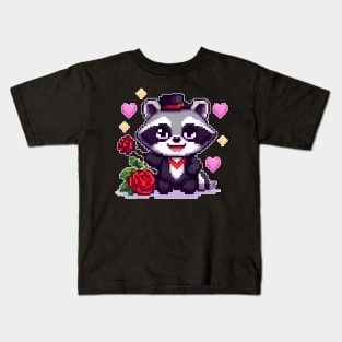 Raccoon in love roses and hearts pixel art Kids T-Shirt